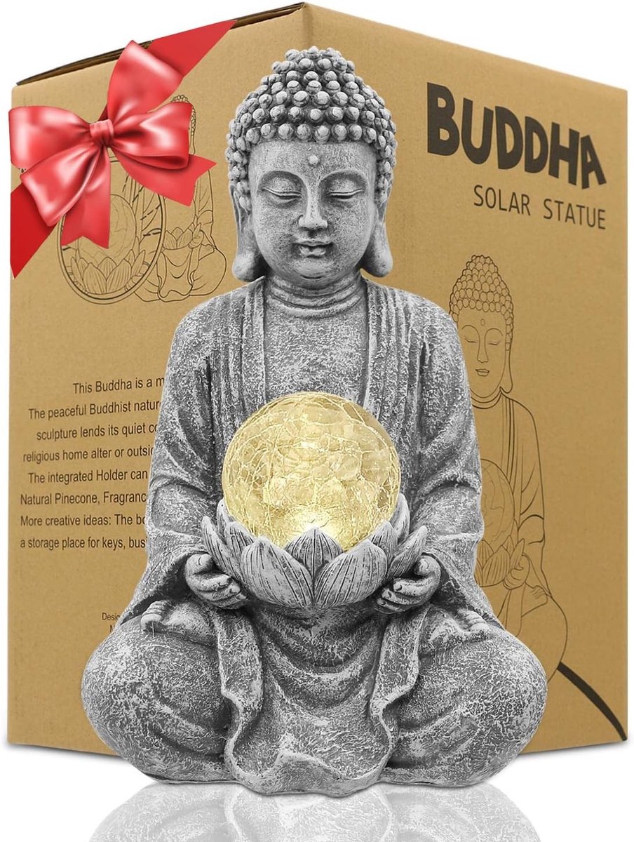 Meditatie Boeddha Beeld voor Tuin Decoratie - Zen Boeddha met Grote Glazen Bal, Perfect Cadeau voor Moeders en Vrouwen, Japanse Balkon Tuin Decoratie