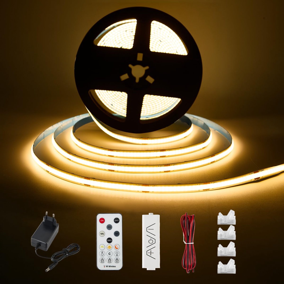SnelShoppen - Enteenly COB Ledstrip Warmwit 3 Meter Onderkastverlichtingsset met RF-afstandsbediening voor Keuken, Vitrine, Kasten, Planken, Adapter 2