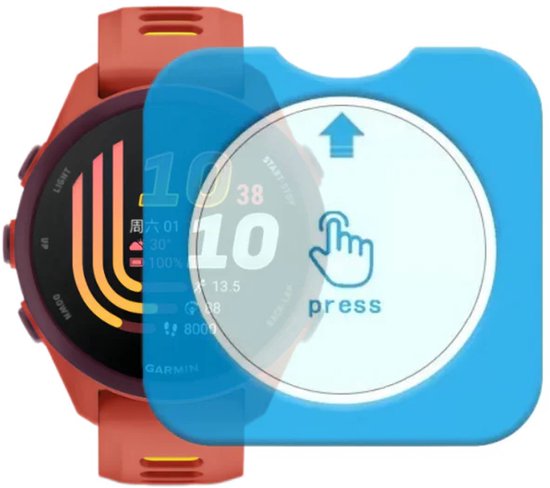 Koraalkleurige Garmin Forerunner smartwatch met screenprotector. Het scherm toont de tijd.