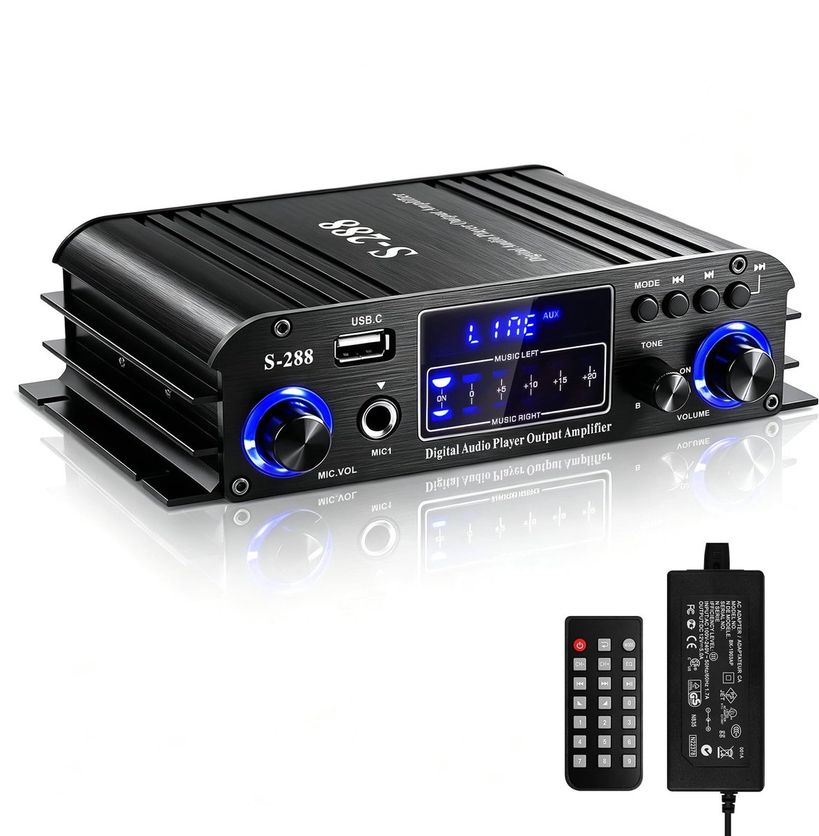 SnelShoppen - HiFi Versterker S-288 600W Mini Bluetooth Ontvanger 12V/220V 4-Kanaal Digitale Vermogensversterker met LCD Scherm, FM Radio, USB Ingang