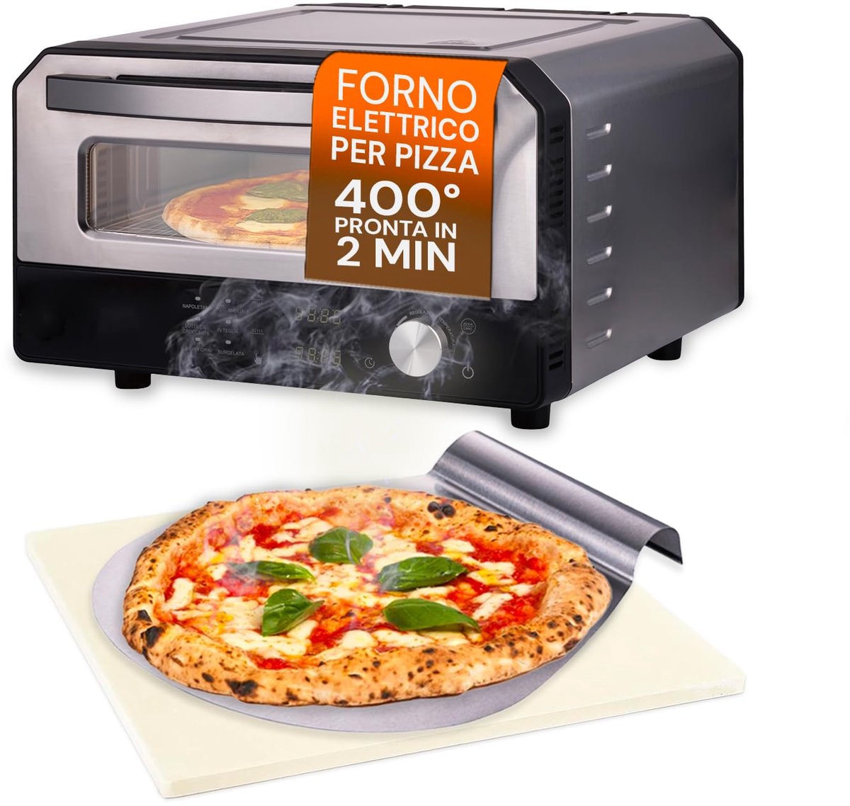 SnelShoppen - Elektrische Pizzaoven 400 °C met Digitaal Display, 6 Kookprogramma's, Inclusief RVS Pizzaschep, Eenvoudig Bediening en Nauwkeurige Tempe