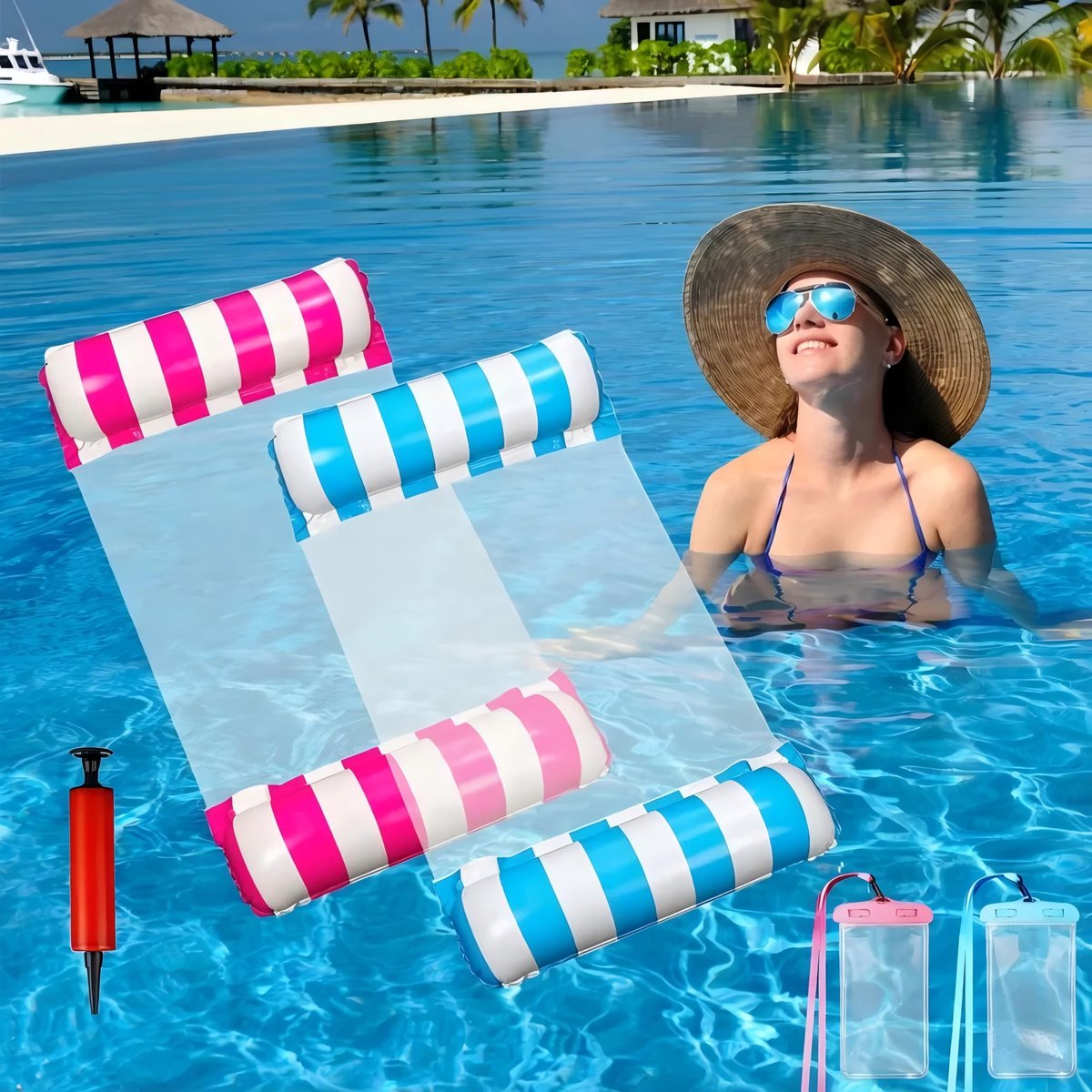 SnelShoppen - 2 stuks XL Luchtmatras, 4-in-1 Waterhangmat met Net, Opblaasbare Zwemmat, Waterspeelgoed voor Volwassenen, Zwembadaccessoires, Zomer, In