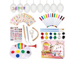 SnelShoppen - LessMo DIY eierset 36 stuks paasei-hangers kunststof, handbeschilderde eierversieringen met eierschilder en 6-kleurige acrylverf voor pa