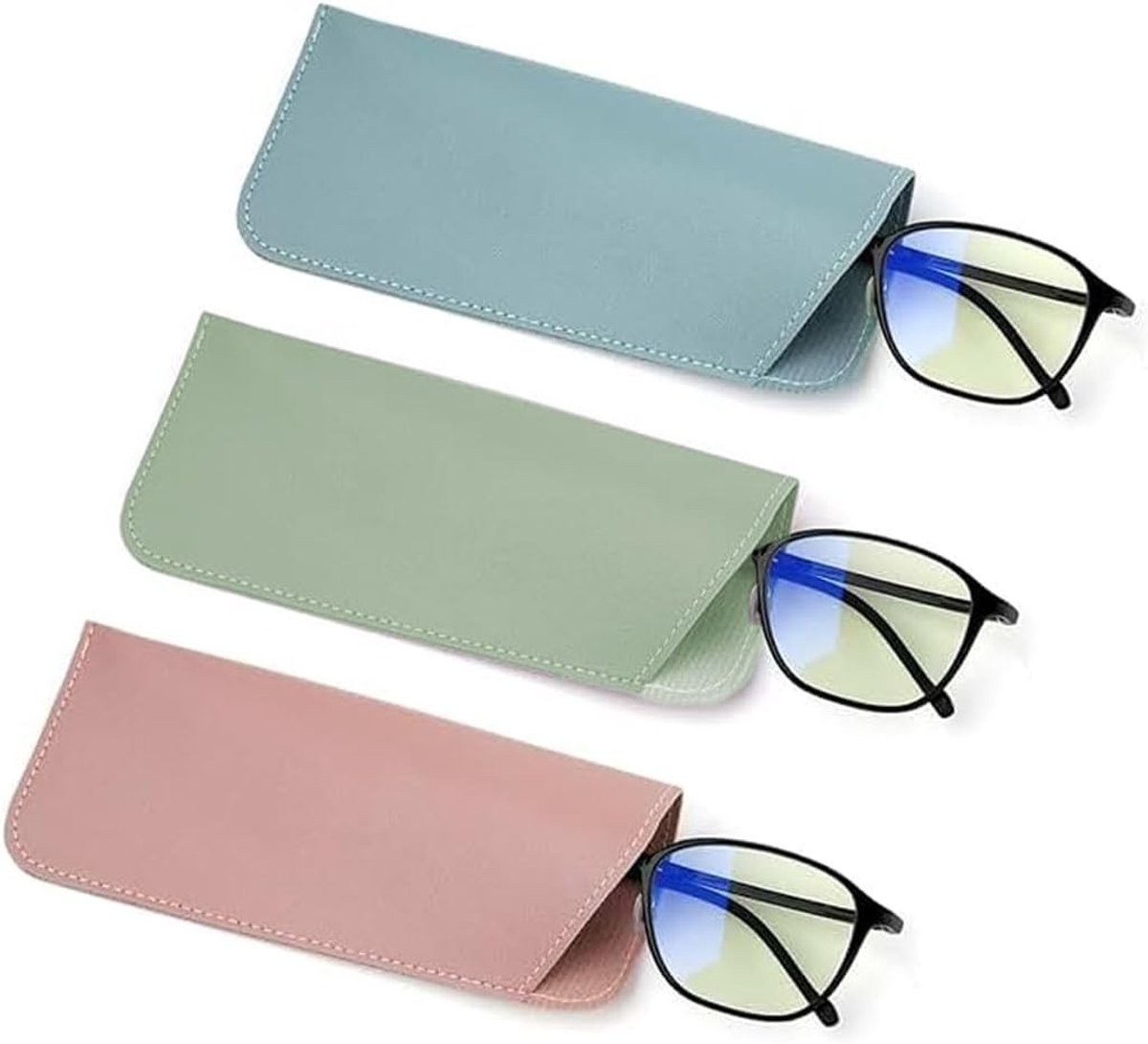 Zachte brillenhoes, leren etui voor zonnebrillen en leesbrillen, opbergzakje in roze, lichtblauw en smaragdgroen, set van 3 voor optimale bescherming