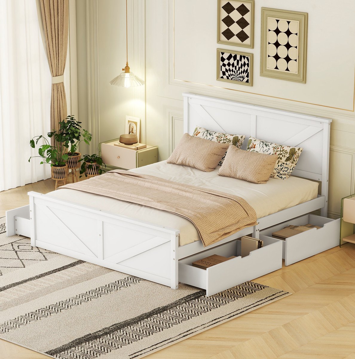 COVREO Bed 160x200 cm - wit, met 4 lades en hoofdbord, zonder matras