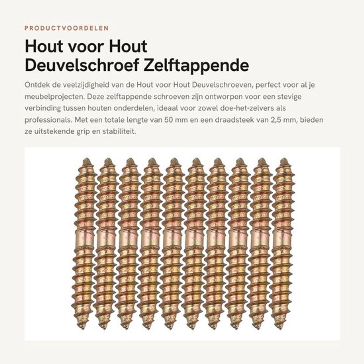 Schroeven 10 Stuks - Hout voor Hout Deuvelschroef - M6 Diameter - Totale Lengte 50 mm - Bronskleur - Metaal Materiaal