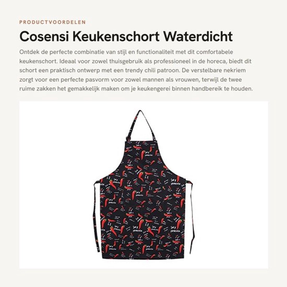 Keukenschort Verstelbaar Waterdicht - Polyester - Comfortabel - Met Zakken - Geschikt voor Mannen/Vrouwen - Chili Patroon - Schort