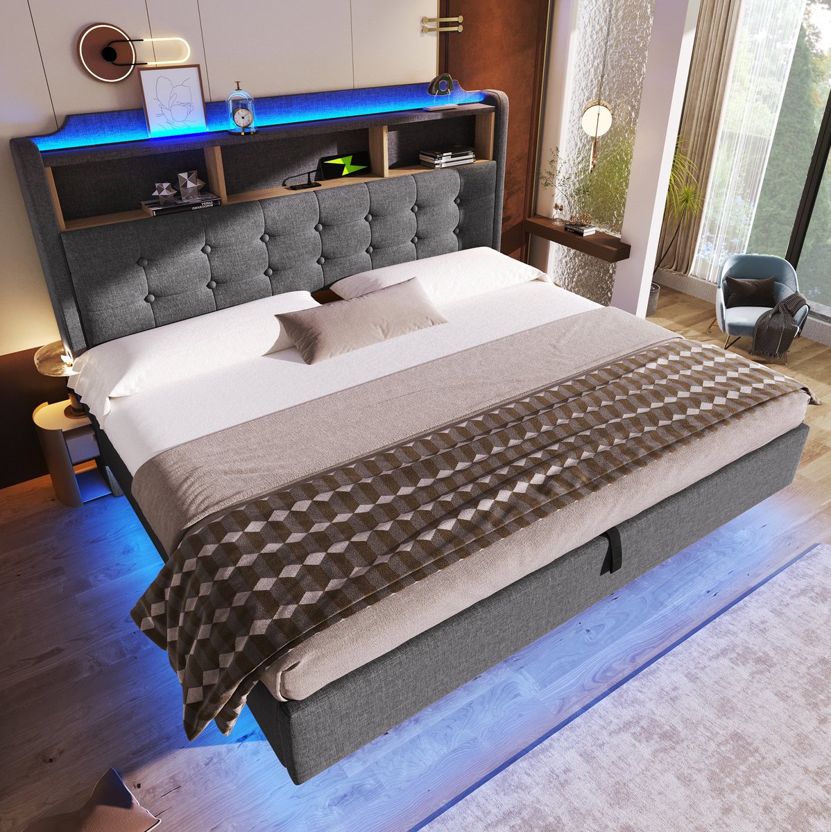 Gestoffeerd Bed 180 x 200 cm - Met Led-Lichtstrip en USB-C - Hydraulische Opbergruimte - Tweepersoons - Stof en MDF - Grijs - Zonder Matras