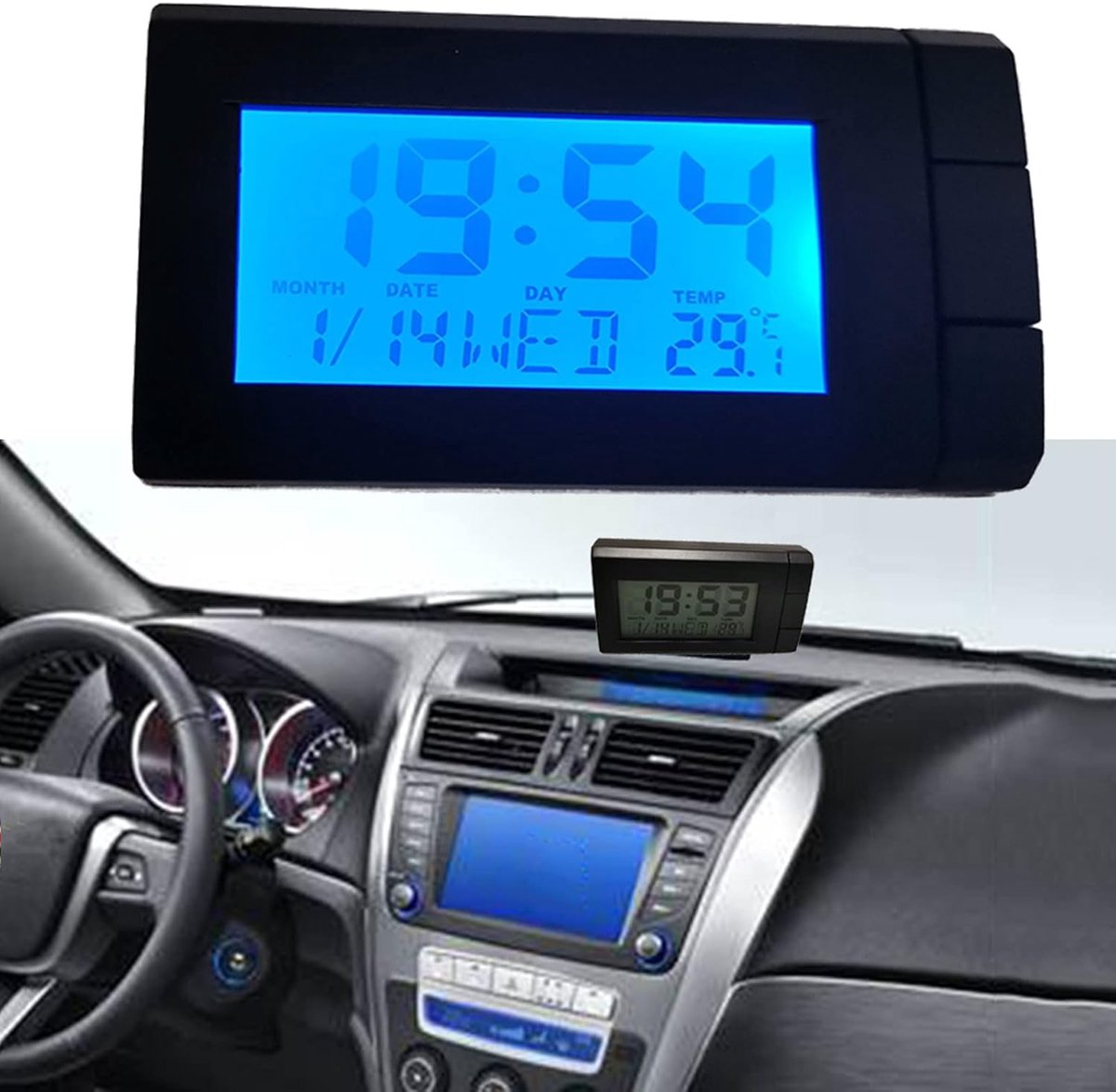 Auto klok met thermometer - LCD display - digitale nachtklok - compacte dashboardweergave - ShopVlot