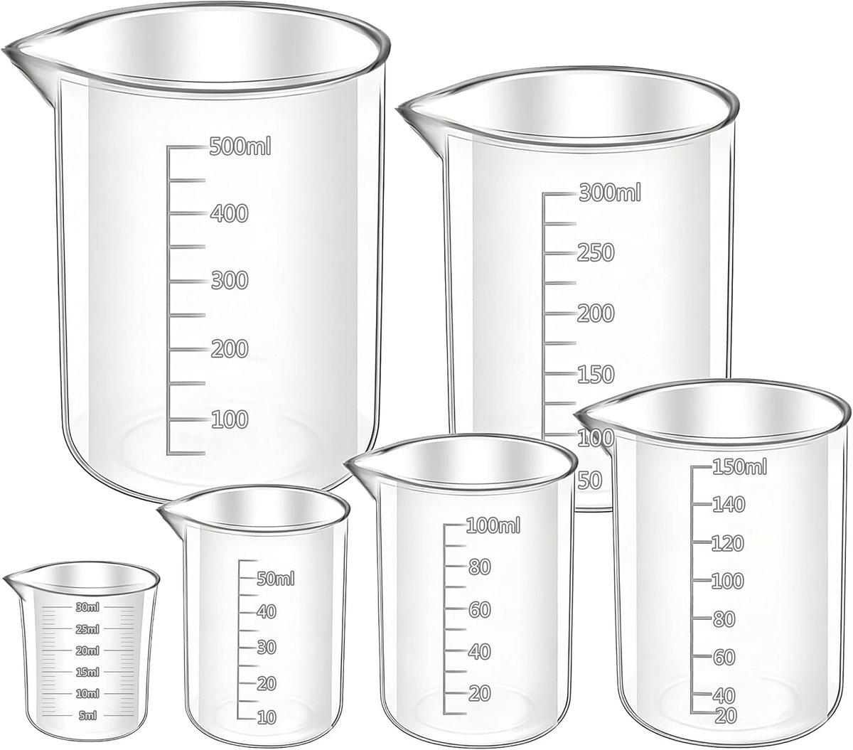 SnelShoppen - 6 Delen Maatbeker Set voor Keuken, Laboratorium en Chemie - 30 ml, 50 ml, 100 ml, 150 ml, 250 ml, 500 ml - Nauwkeurig en Betrouwbaar - P