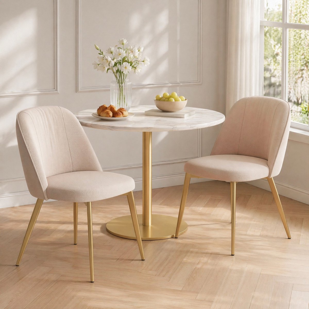 MEUNIQ set van 2 eetkamerstoelen met velvet bekleding en goudkleurige metalen poten, gestoffeerde zitting met ergonomische rugleuning voor eetkamer of woonkamer Beige