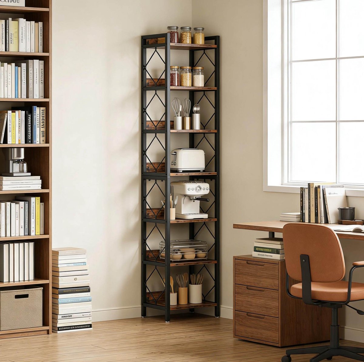 Boekenkast Smal 7-Laags Ruimtebesparend 34 x 34 x 200 Cm Metaal En Spaanplaat Zwart Rustiek Bruin Voor Woonkamer En Bureau