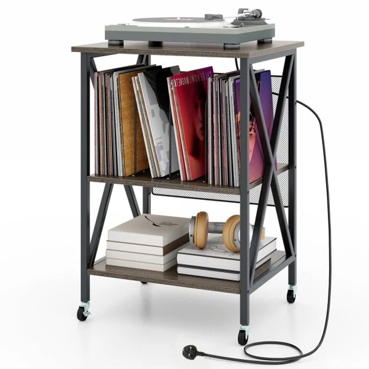 Trendmix Platenspeler Meubel Met 2 Geïntegreerde Stopcontacten – Vinyl Opbergkast voor 250 LP's – Verrijdbare Platenkast met USB-A & USB-C – Industrieel Bruin