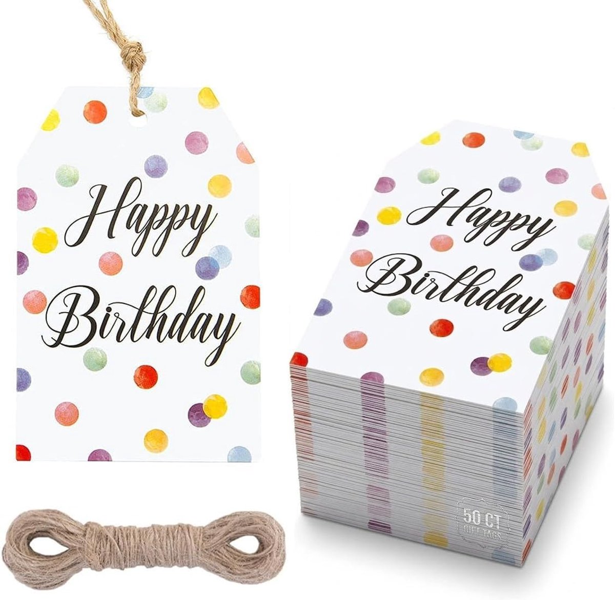 50 Stuks Cadeaulabels met Gekleurde Stippen en 20m Touw, Personaliseerbare Labels voor Feestdecoratie en Cadeauverpakking, Perfect voor Verjaardagen en Feestjes