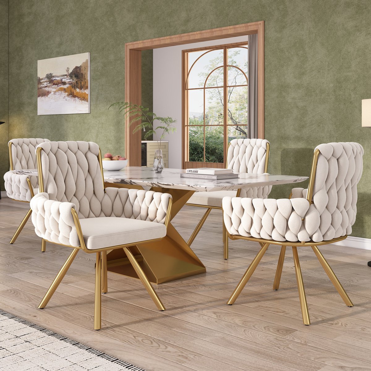 MEUNIQ eetkamerstoel set van 4 beige velvet kuipstoelen met armleuningen, 360° draaibaar, hoge rugleuning en metalen vierpoot voor eetkamer en woonkamer