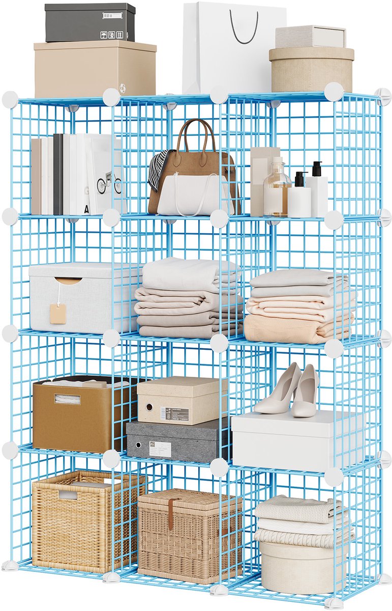 Triumpunpre Opbergrek 12 Vakken – Modulair Grid Rek, Stapelbaar & Ruimtebesparend – voor Schoenen, Kleding, Boeken & Accessoires – Slaapkamer, Hal & Kantoor – 94 x 32 x 125 cm –Blauw