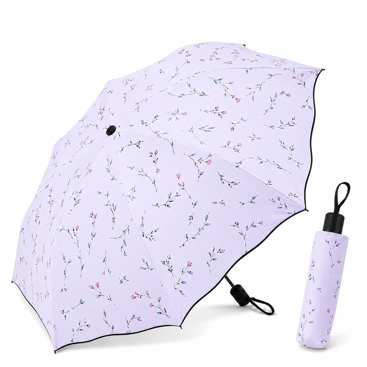 Opvouwbare Parasol met UV-bescherming 50+ - Lichtgewicht Zonnescherm met Elegant Bloemenpatroon - Compacte UV-Paraplu voor Dames - Lichtpaars