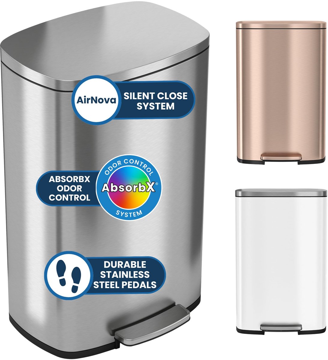 SnelShoppen - iTouchless SoftStep Afvalemmer 50L roestvrij staal met geurfilter, step-pedaal, stille dekselsluiting, ideaal voor keuken en kantoor