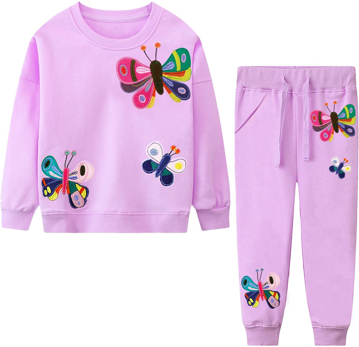 SnelShoppen - FILOWA Jogging Pak Meisjes Kids Trainingspak Set Katoen Vlinder Borduurwerk Lange Mouw Sweatshirts en Jogging Broek Warm Sportkleding Py