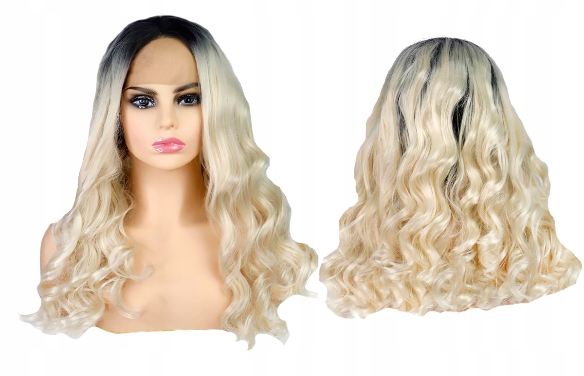 Lange Golvende Ombre Zwart/Blond Lace Front Synthetische Pruik