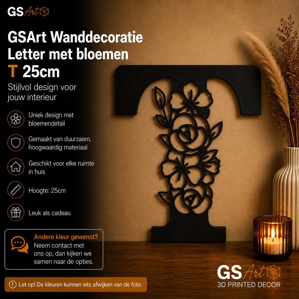 GSArt Wanddecoratie Letter met Bloemen – 25 cm - T