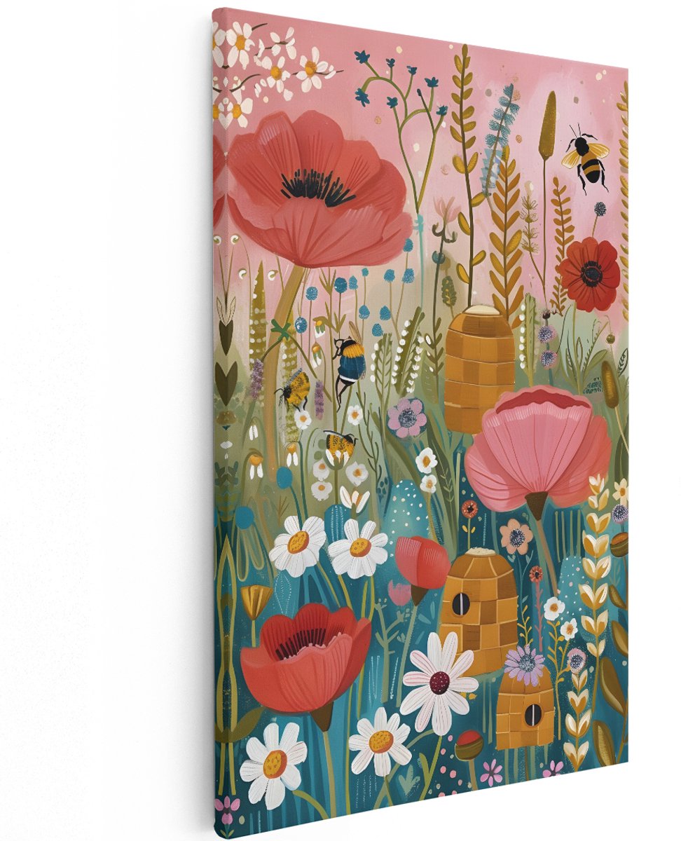 Artaza Canvas Schilderij Bloemen - 100x150 cm - Groot - Wanddecoratie Bijen - Muurdecoratie Boho - Decoratie Klaproos Madelief