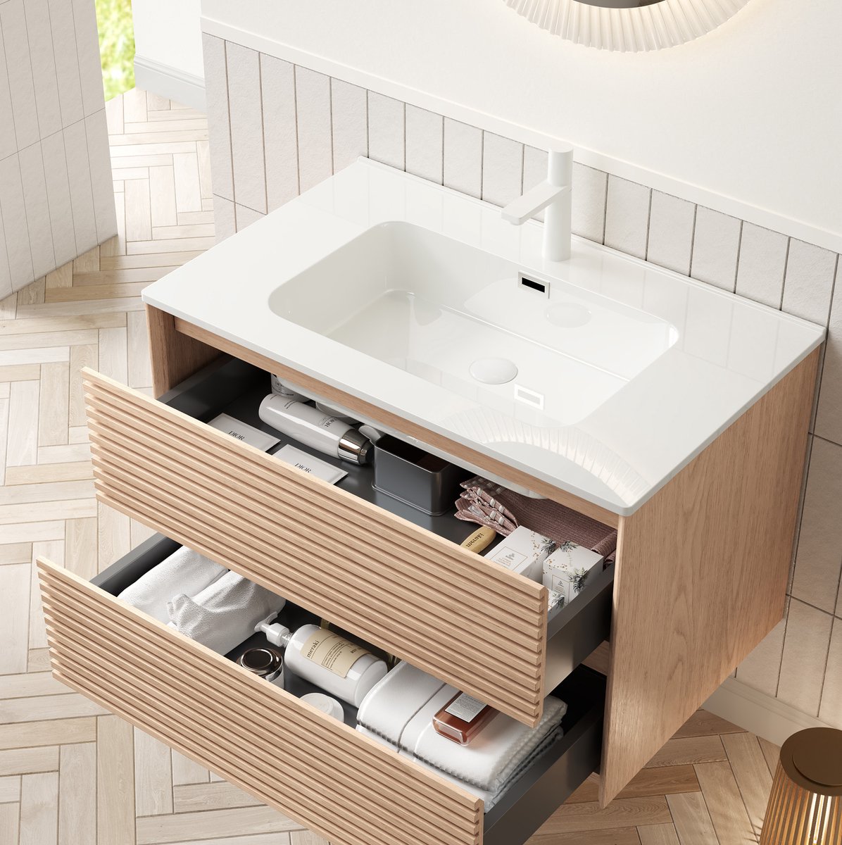 OKWISH Badkamermeubel - Hangend Wandmeubel Met Keramische Wastafel - 81 x 46,5 x 51,5 cm - 2 Lades Soft-Close - Multiplex Walnootlook Wit