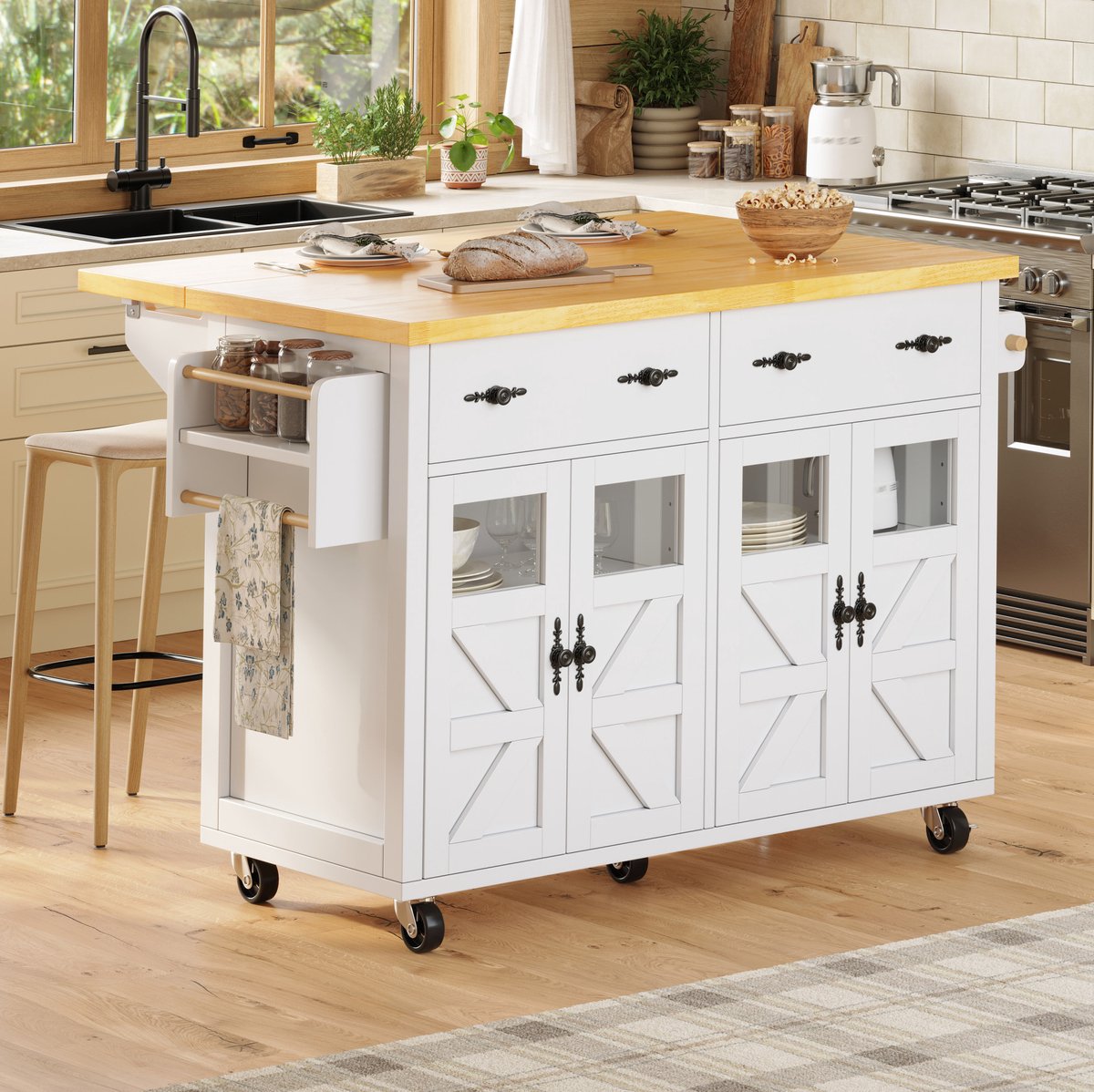 Wishdor Keukenkast - Mobiele keukenwagen - Uitschuifbaar blad en remwielen - Servierwagen sideboard - Keuken eetkamer woonkamer - MDF en veiligheidsglas - Wit - 140 x 73 x 93,5 cm