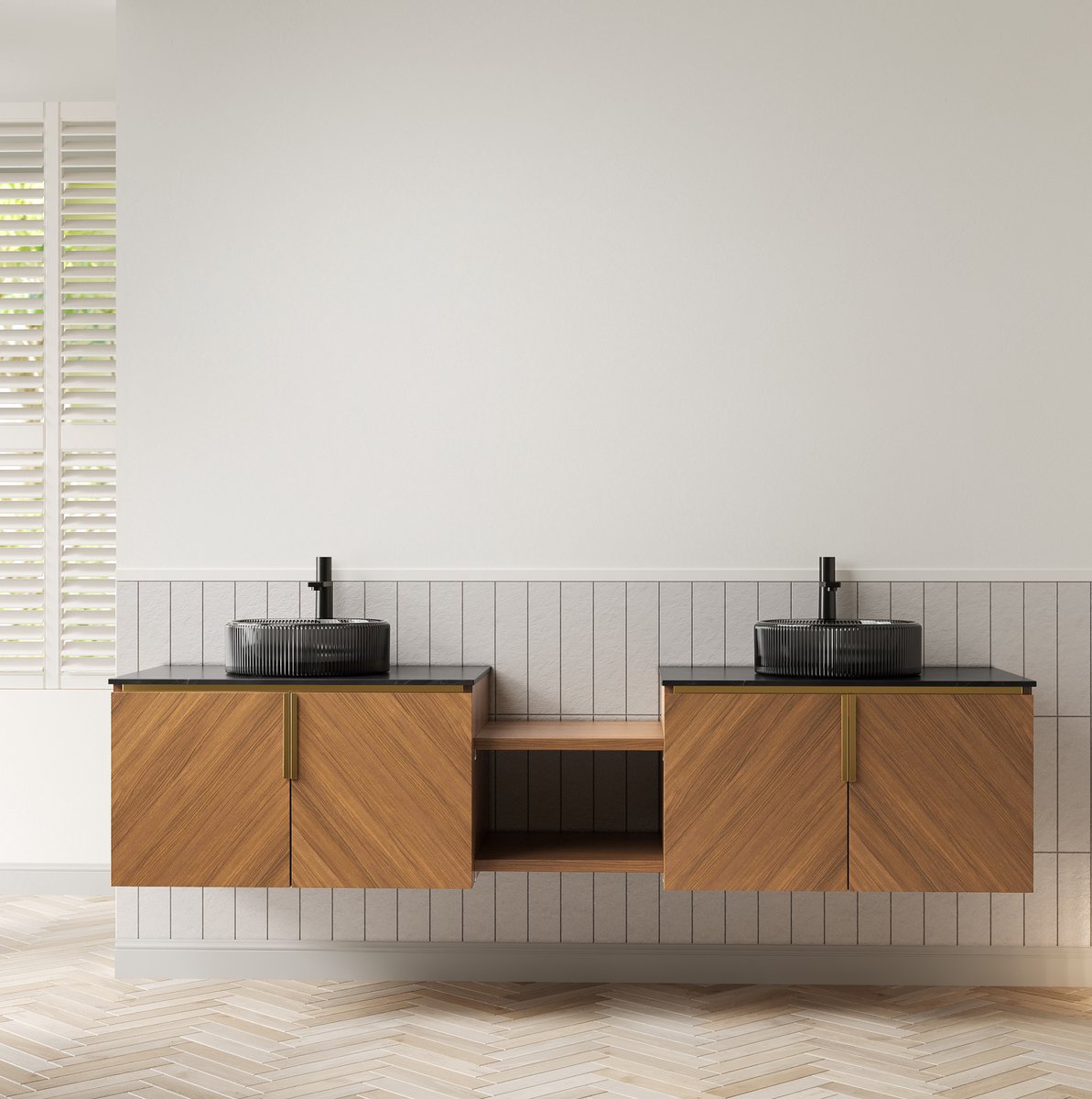 OKWISH Badkamerkast – Wandmeubel Met 2 Zwarte Glazen Waskommen – 192×50×52,6 cm – 4 Deuren En Open Vakken – Multiplex Bruin Eikenlook
