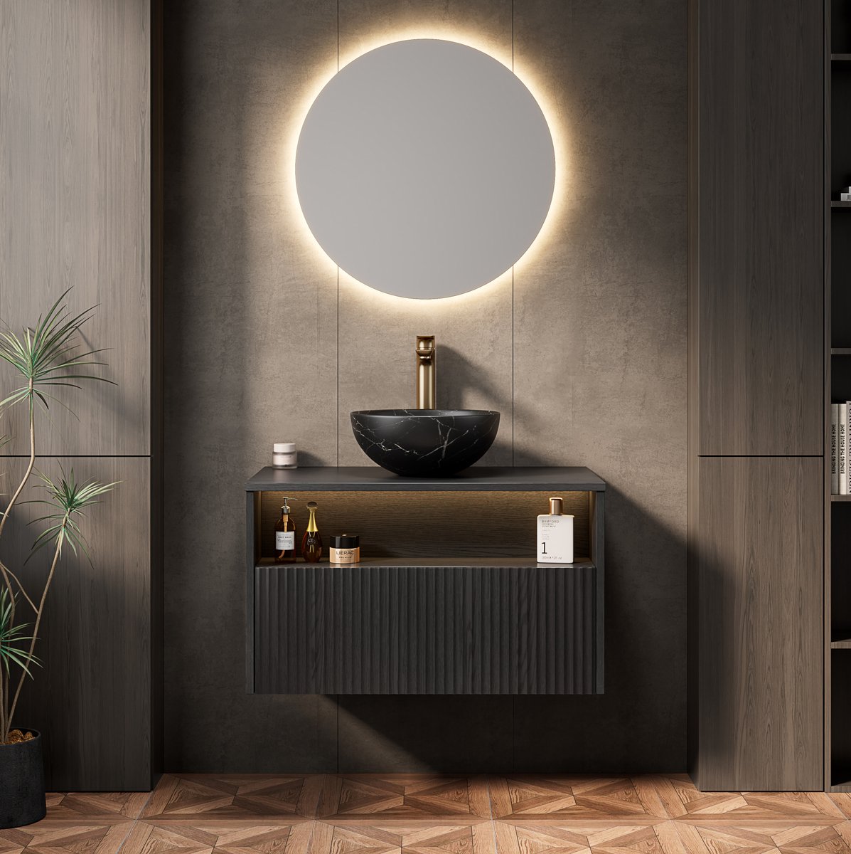 STILVORA Badkamerkast - Wandhangend Met Keramische Waskom, Lade En LED Sensorverlichting - Voor Badkamer - Hout - 80x46x60,8 cm - Zwart