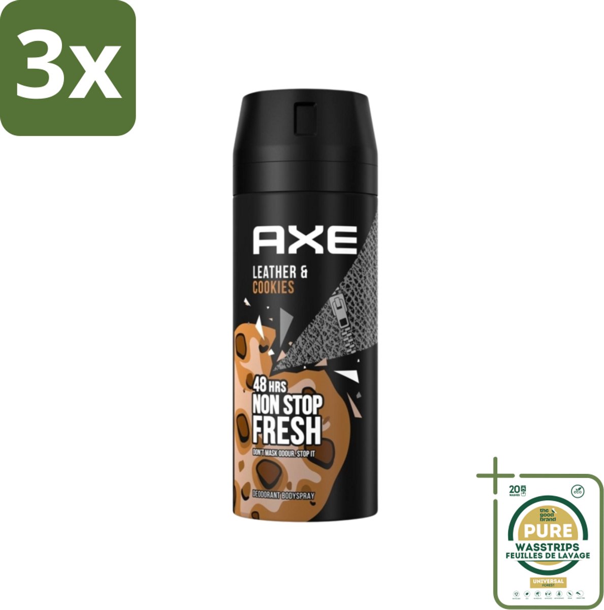 3 x Axe - Deodorant Bodyspray - 48hrs Fresh - Leather & Cookies - 150 ml - Grootverpakking - Deodorant - Bodyspray - 48 Uur Bescherming - Leer En Koekjes Geur - Zinktechnologie