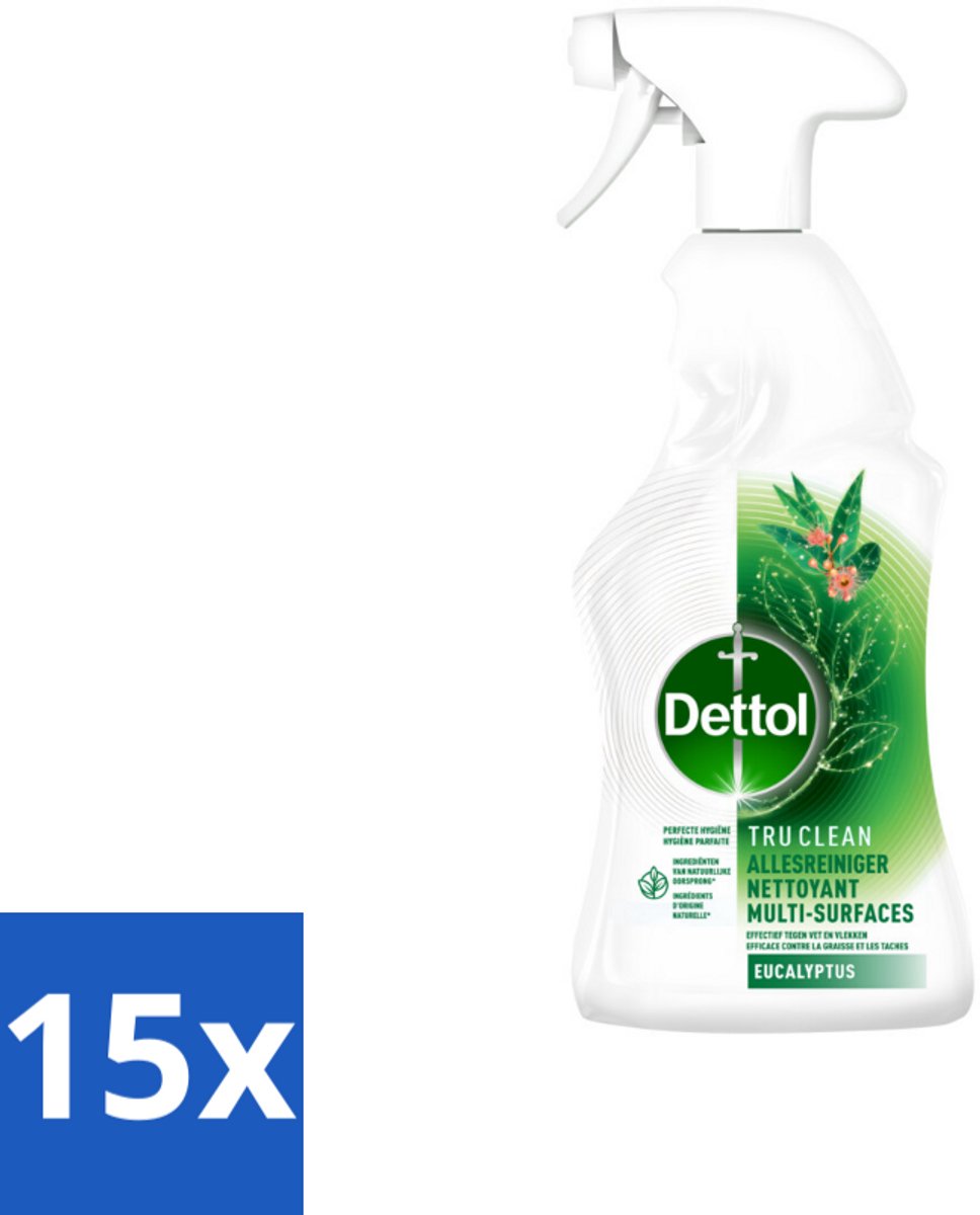 15 x Dettol Tru Clean - Allesreiniger - Spray - Eucalyptus - Multi-Oppervlakken - 500ml - Allesreiniger - Vet En Vlekken Verwijderen - Eucalyptusgeur - Natuurlijke Ingrediënten - Milieuvriendelijk