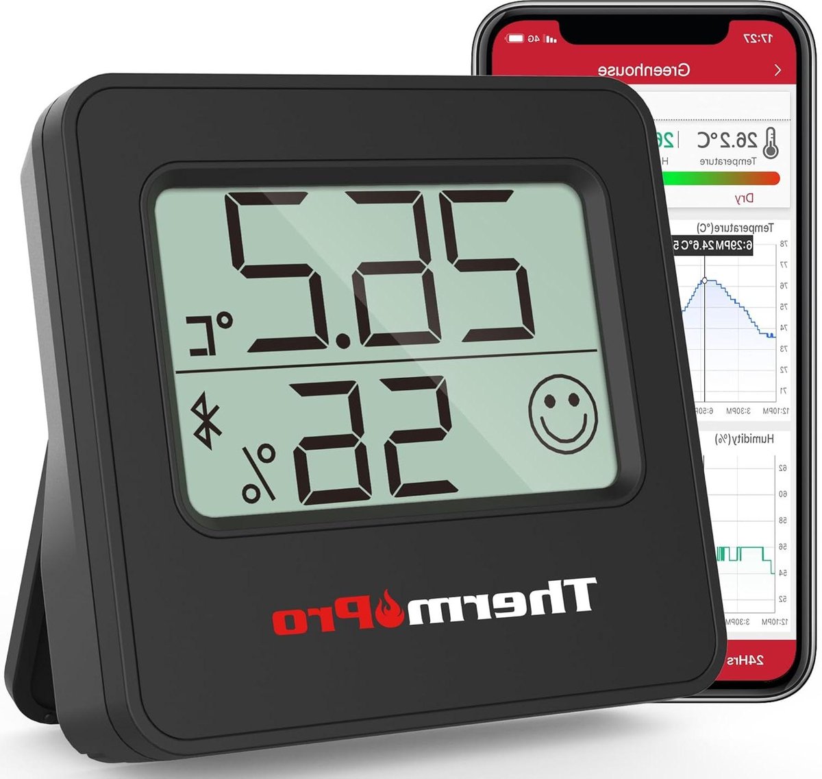 Ruimte Thermometer - Hygrometer App - Binnenklimaat Monitoren - 80m Bluetooth Bereik - 5.5 cm - Zwart