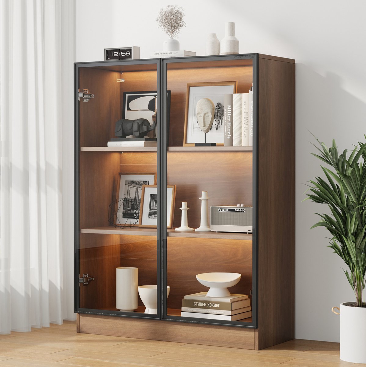 Wishdor Vitrinekast met LED-verlichting - Glazen deuren - 3 legplanken - Voor verzamelingen en decoratie - Bewerkt hout en glas - Naturel walnoot - 80 x 30 x 106 cm