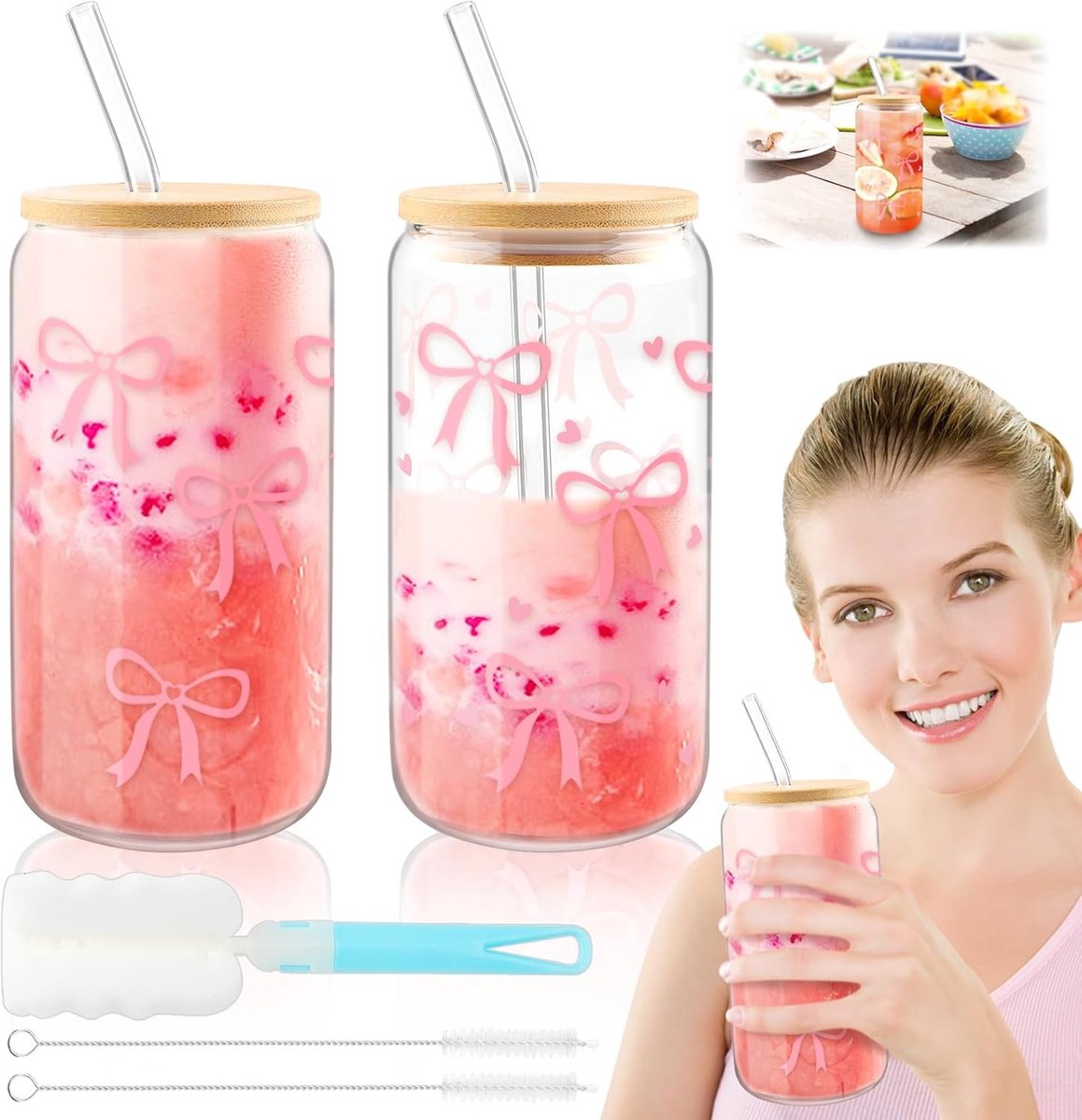 Glazen drinkglazen met deksel en rietje - Roze - 500 ml - Hoogwaardig glazen drinkglas - Voor Iced Koffie, Smoothies en Cocktails
