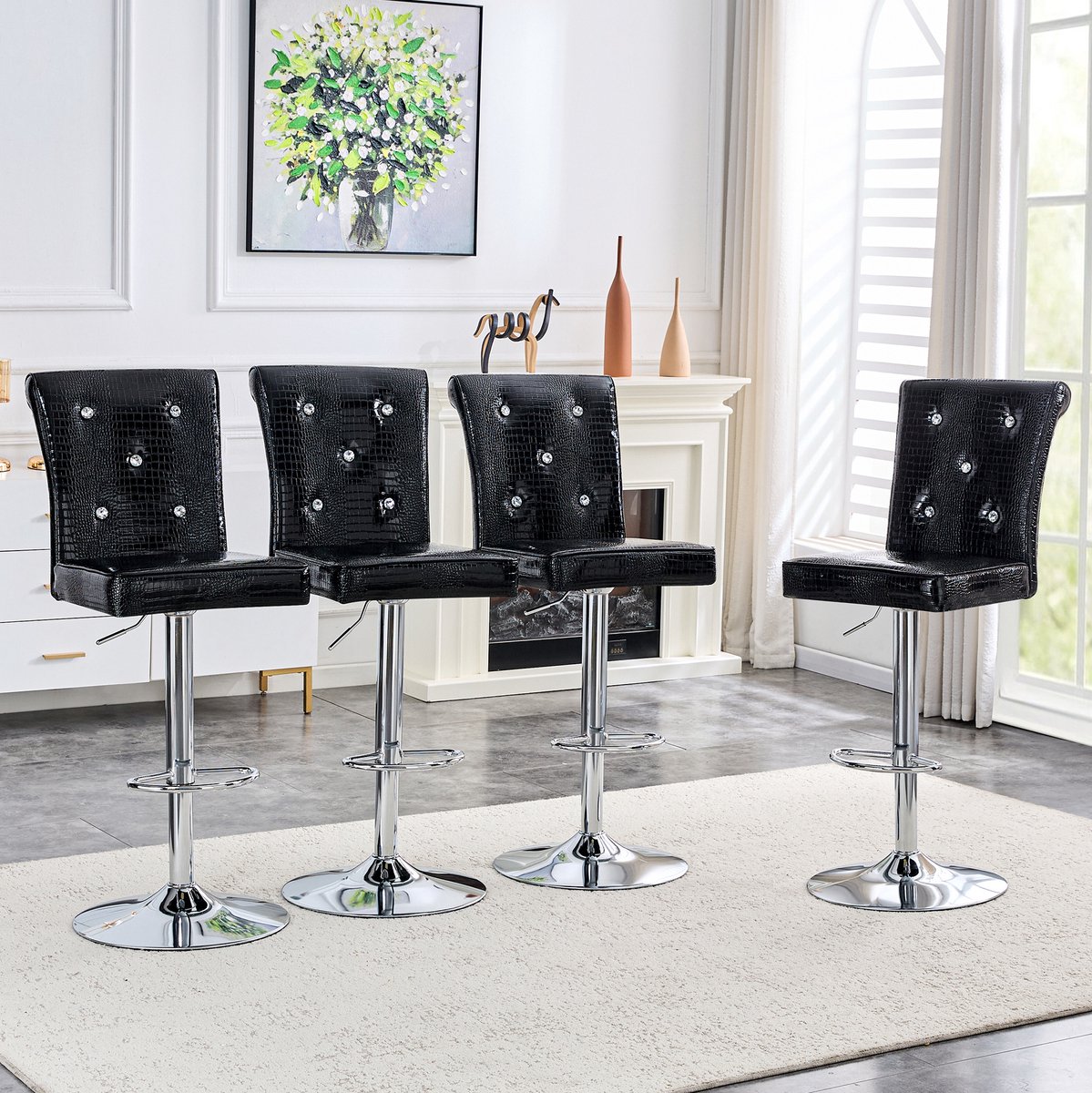 DESMIU Barkruk 41,5 x 43 x 104-125 cm - Set Van 4 Verstelbare Barkrukken Met Rugleuning En Voetsteun - Voor Keuken En Bar - Kunstleer Zwart
