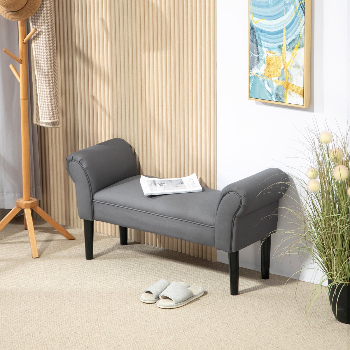REDOM - Bank - Gepolsterde zitbank voor slaapkamer en hal - MDF constructie met vier massieve houten poten - Stof - Donkergrijs - 102 x 36 x 51 cm