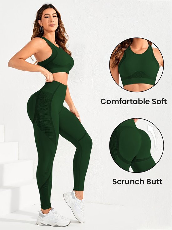 Currero Pilates Pak Dames - Yoga - Buttshaper - Gym - Fitness - Butt Lift - Bil Vergrotend - Heup Liftend - Yogakleding - Donkergroen L — afbeelding 3