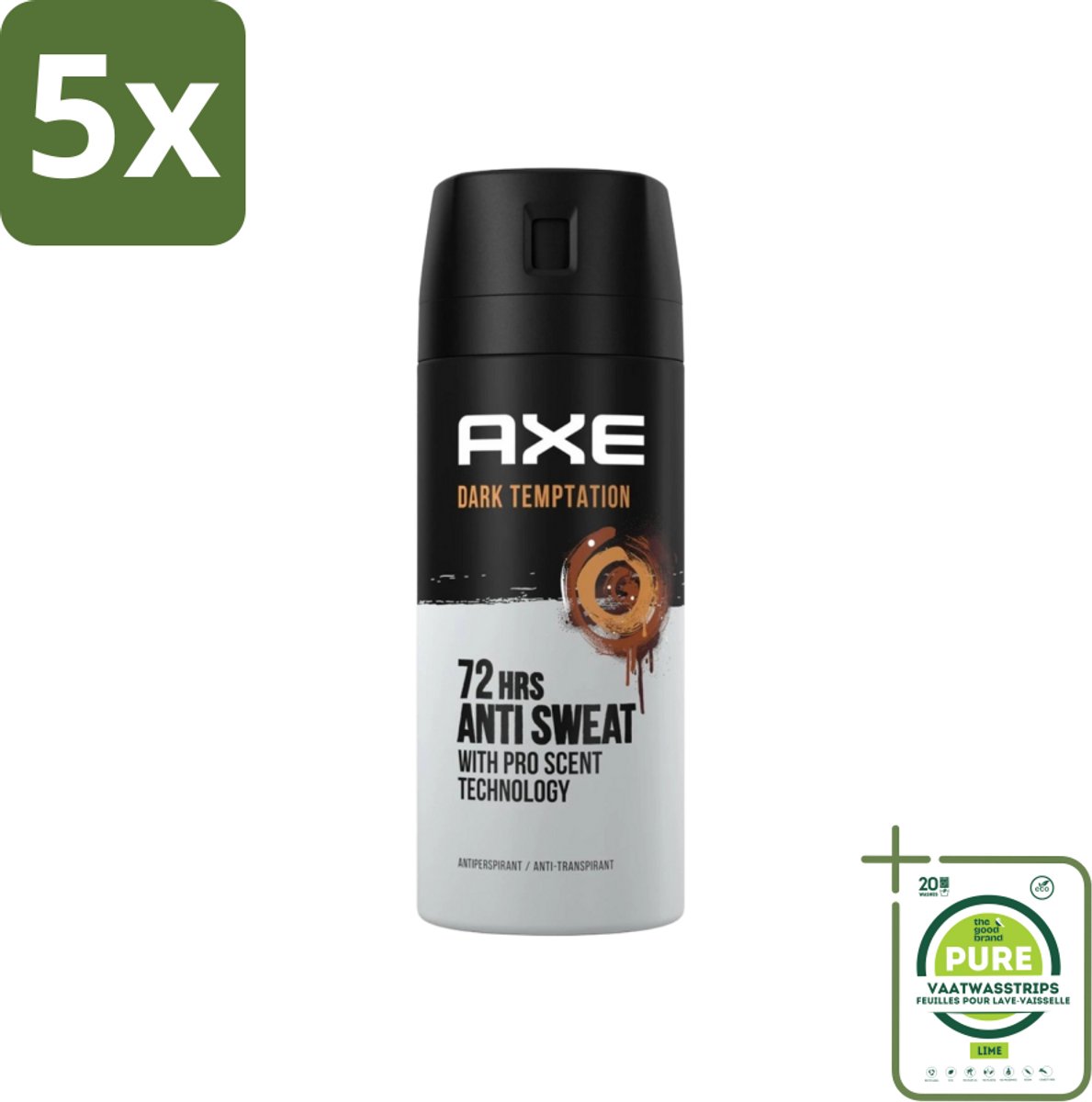 5 x Axe - Deodorant Spray - 72hrs Anti Sweat - Dark Temptation - 150 ml - Grootverpakking - Anti-transpirant - Deodorant - Axe Dark Temptation - Chocolade Geur - Kruiden Geur