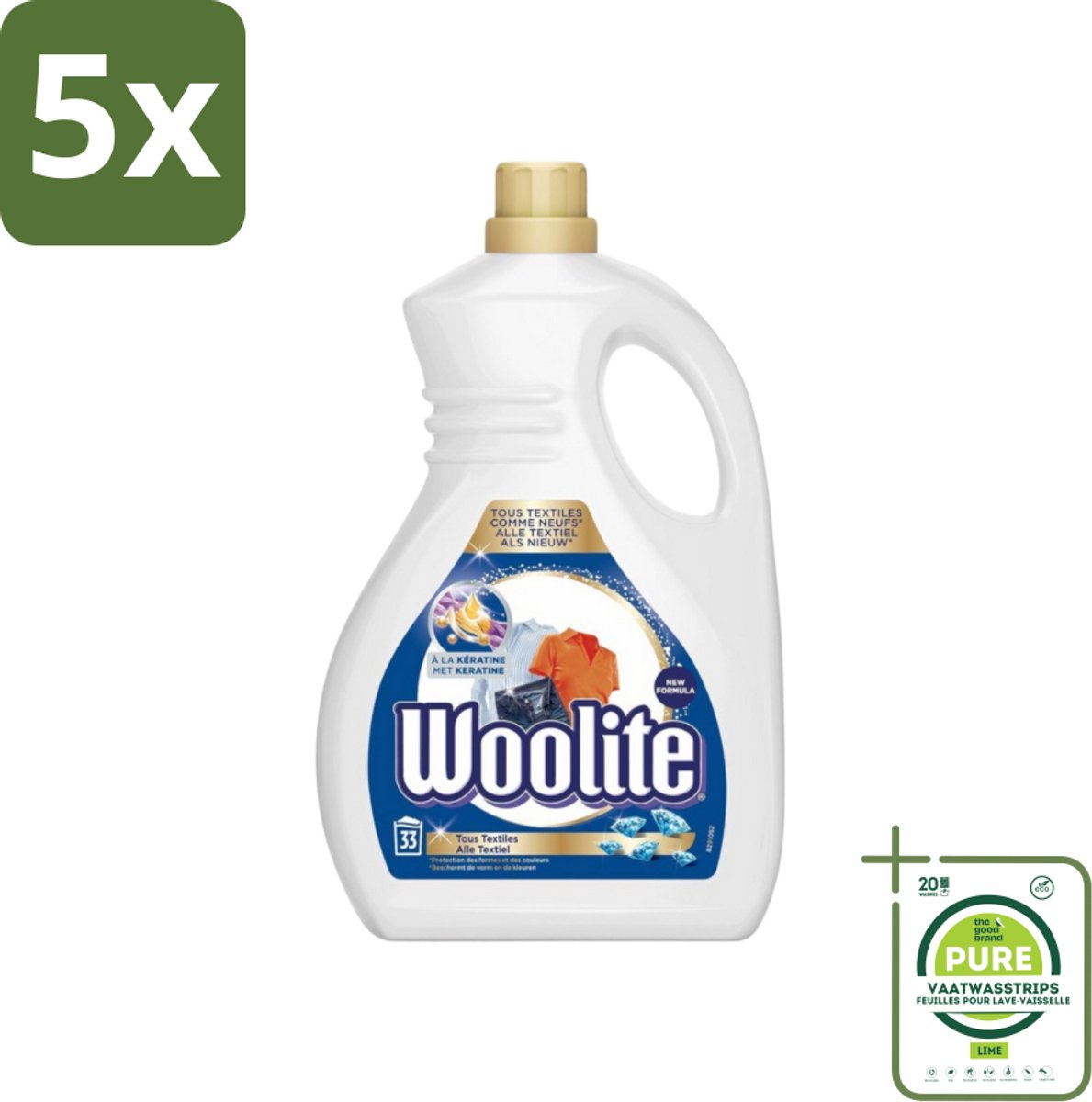 5 x Woolite Textile - Vloeibaar Wasmiddel - Met Keratine - Textiel Was - 33 Wasbeurten - 2L - Grootverpakking - Wasmiddel - Vloeibaar Wasmiddel - Wasmiddel Met Keratine - Textielwas - Kledingwas