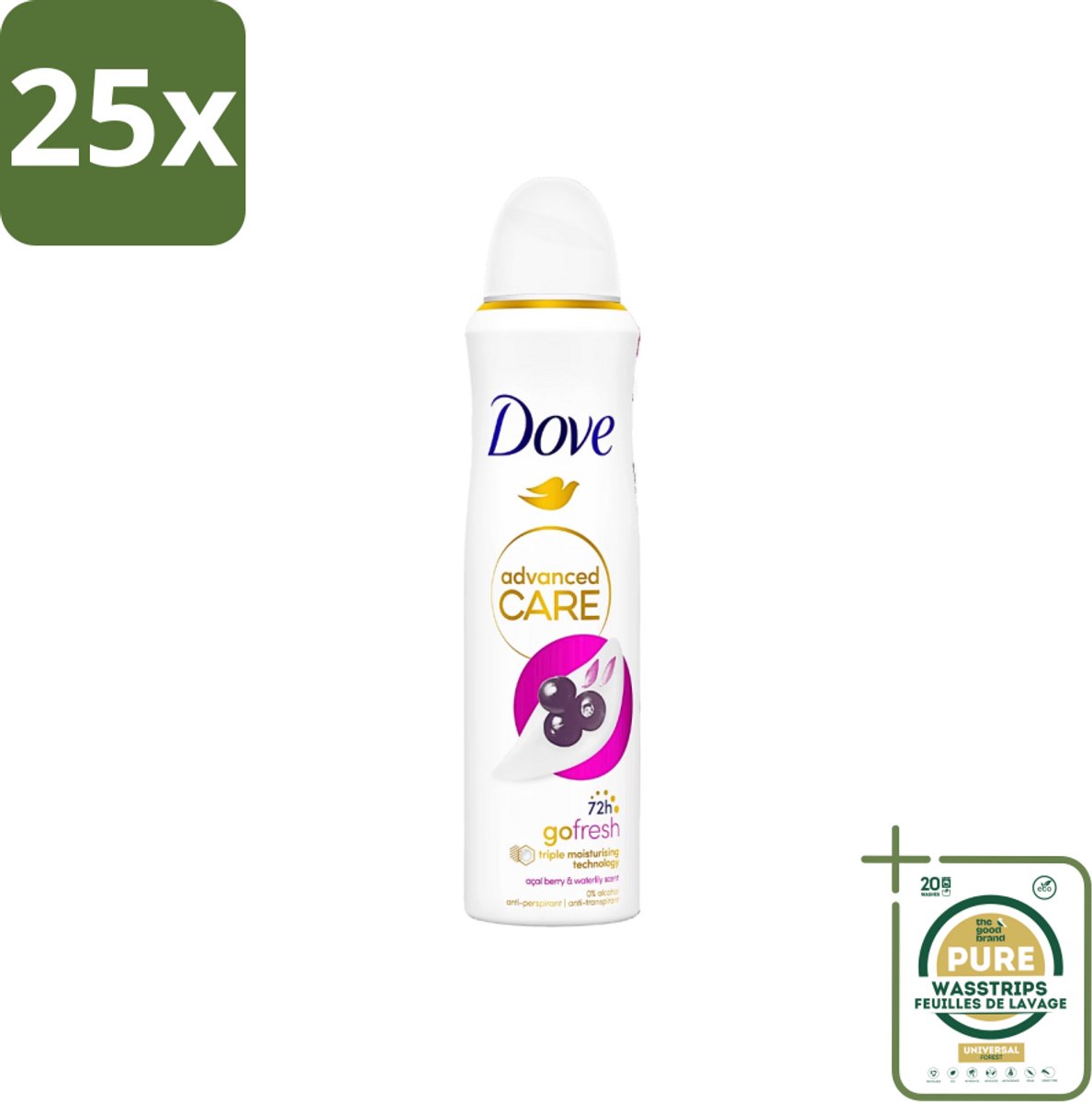 25 x Dove - Deospray - Acai Bes & Waterlelie - 150 ml - Grootverpakking - Acai Bes & Waterlelie Deospray - Deospray Oksels - Deodorant Oksels - Geur Oksels - Transpiratie Bescherming