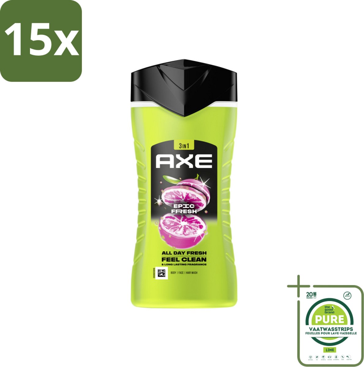 15 x Axe - 3-in-1 Douchegel - Epic Fresh - Grapefruit & Tropical Pineapple - Fresh Boost - 250 ml - Grootverpakking - Douchegel - 3-in-1 - Axe - Epic Fresh - Grapefruit