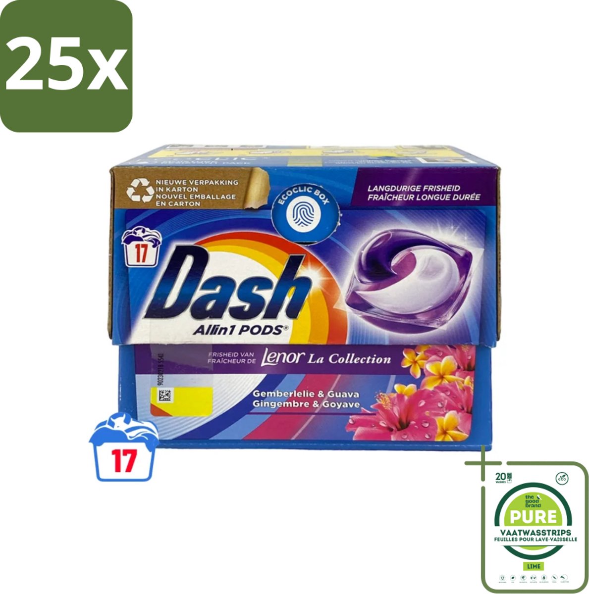 25 x Dash - Lenor Collectie - Wasmiddel Capsules - All-in-1 Pods - Witte en Gekleurde Was - Gemberlelie & Guava - 17 Wasbeurten - Grootverpakking - Wasmiddel Capsules - Waspoeder Capsules - Lenor Geur - Gemberlelie - Guava