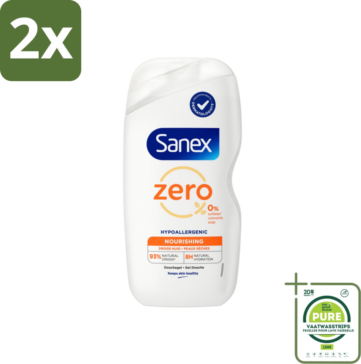 Sanex Zero% - Douchegel - Verzorgend - Natuurlijke Ingrediënten - Droge Huid - 400 ml - Voordeelverpakking - 2 stuks - Douchegel - Sanex