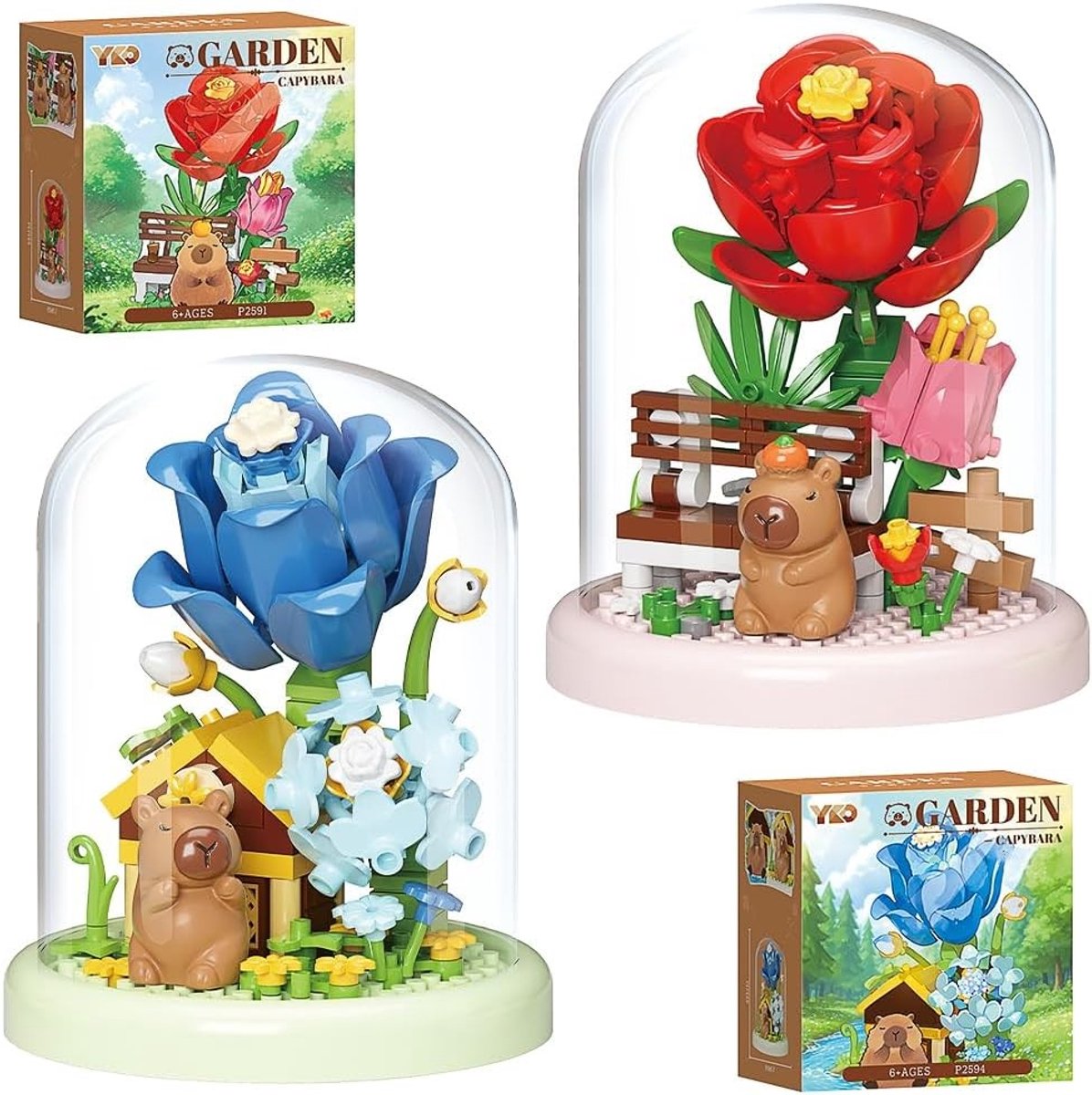 Bouwset met Bloemen en Dieren, 2 Stuks Creatieve Speelgoedset voor Kinderen, DIY Bloemboeket en Capibara Constructie Blokken, Perfecte Cadeaus voor Creatieve Kinderen
