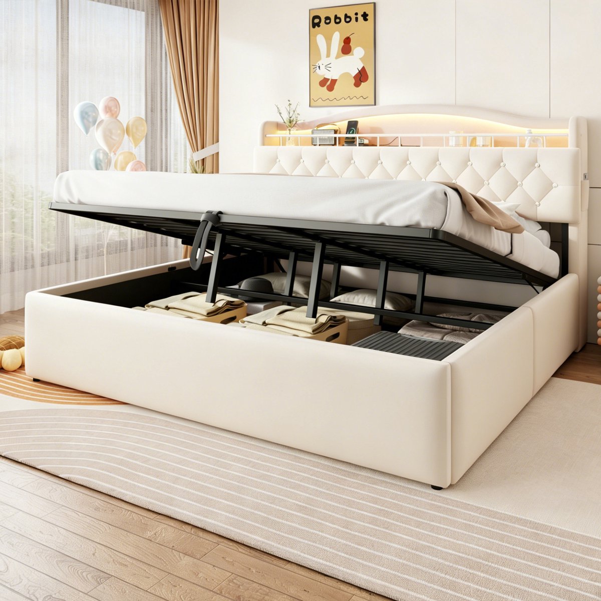 Gepolsterd Bed 180x200 cm - Met Opbergruimte - Met LED-verlichting - Met USB-aansluiting - Beige
