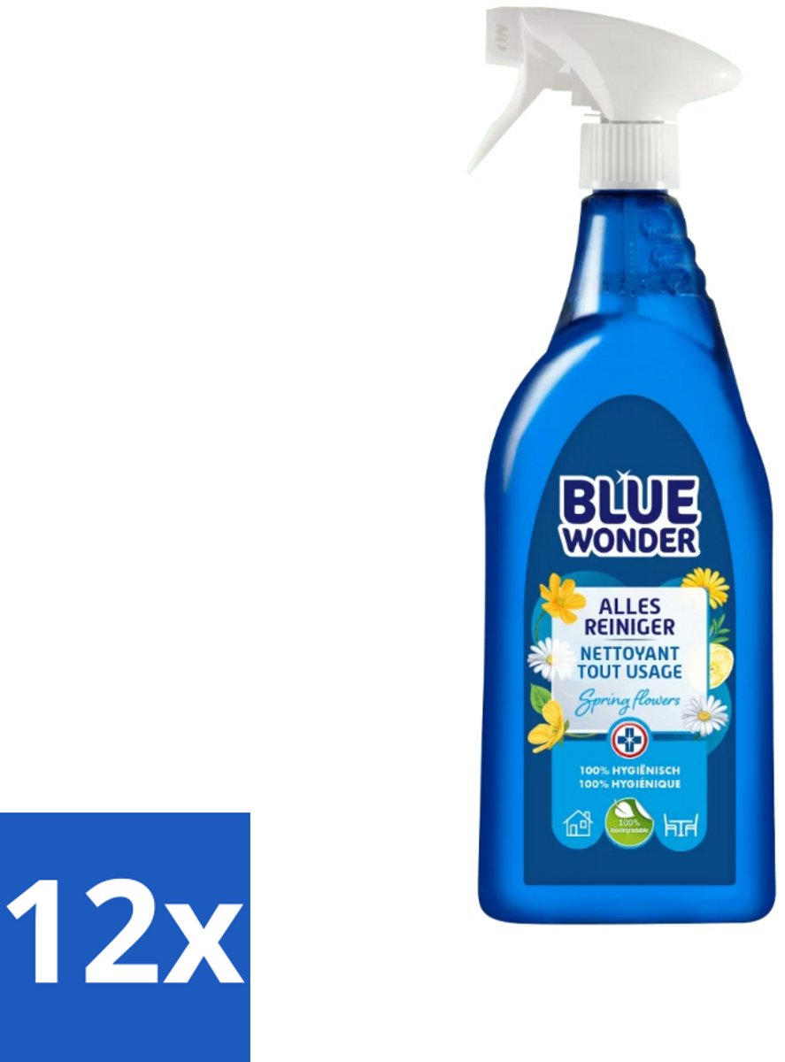 12 x Blue Wonder - Allesreiniger - Lente Bloemen - Hygiënisch - Biologisch Afbreekbaar - 750 ml - Allesreiniger - Schoonmaakmiddel - Biologisch Afbreekbaar - Natuurlijke Reiniger - Lentegeur