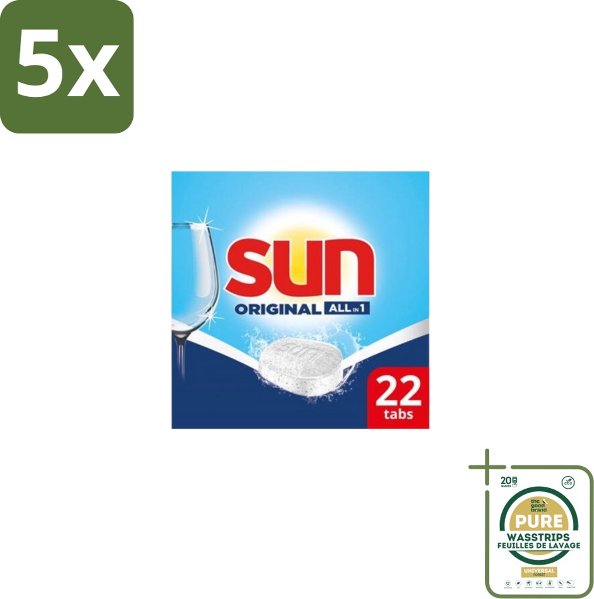 5 x Sun – Vaatwastabletten – All-in-1 Original – 22 tabletten - Grootverpakking - Vaatwastabletten - Vaatwassen - Reiniging - Glans - Spoelglans