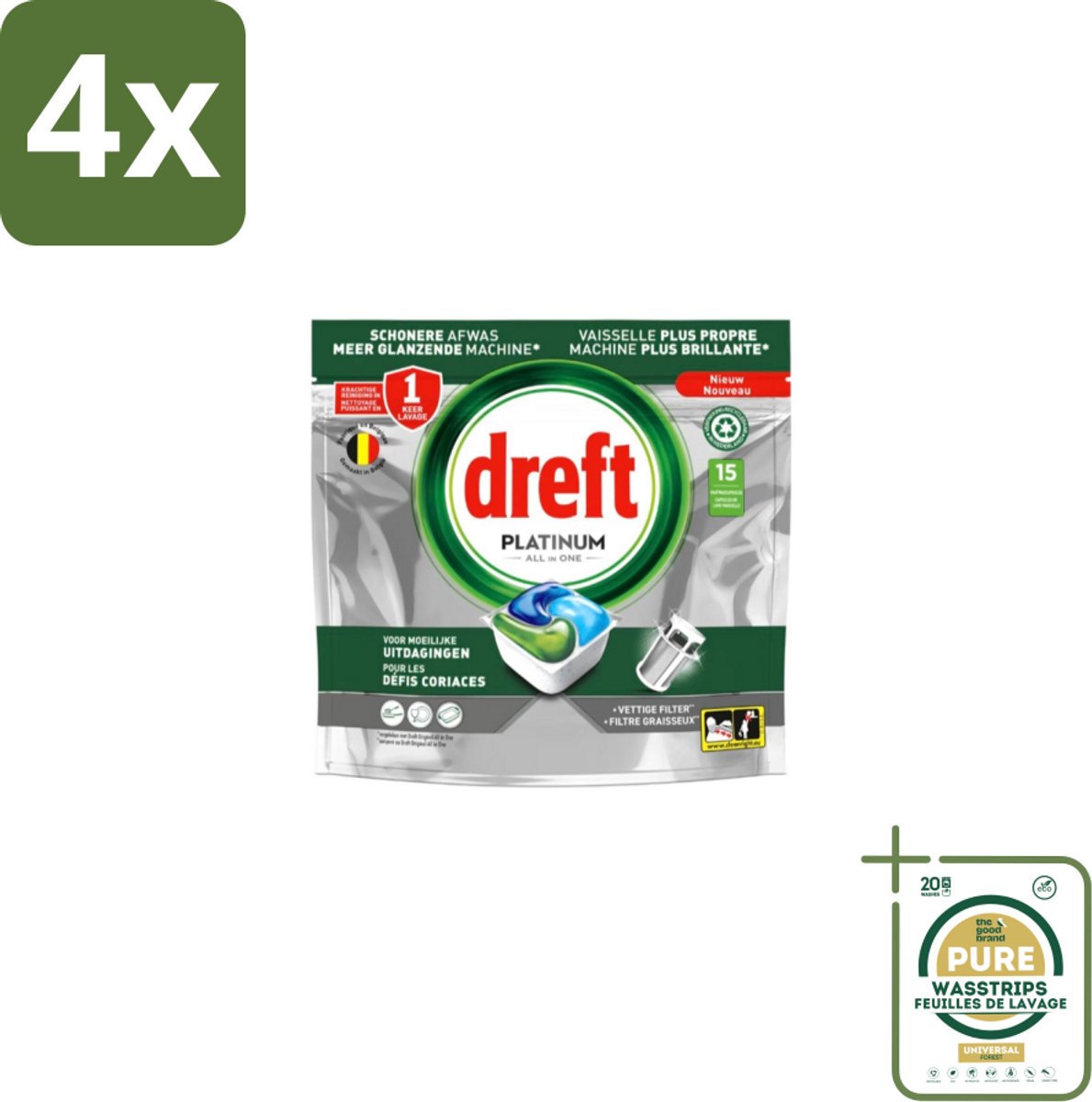 Dreft – Vaatwascapsules – Platinum All-in-One – 15 Capsules - Voordeelverpakking - 4 stuks - Reinigingscapsule - Vetverwijdering
