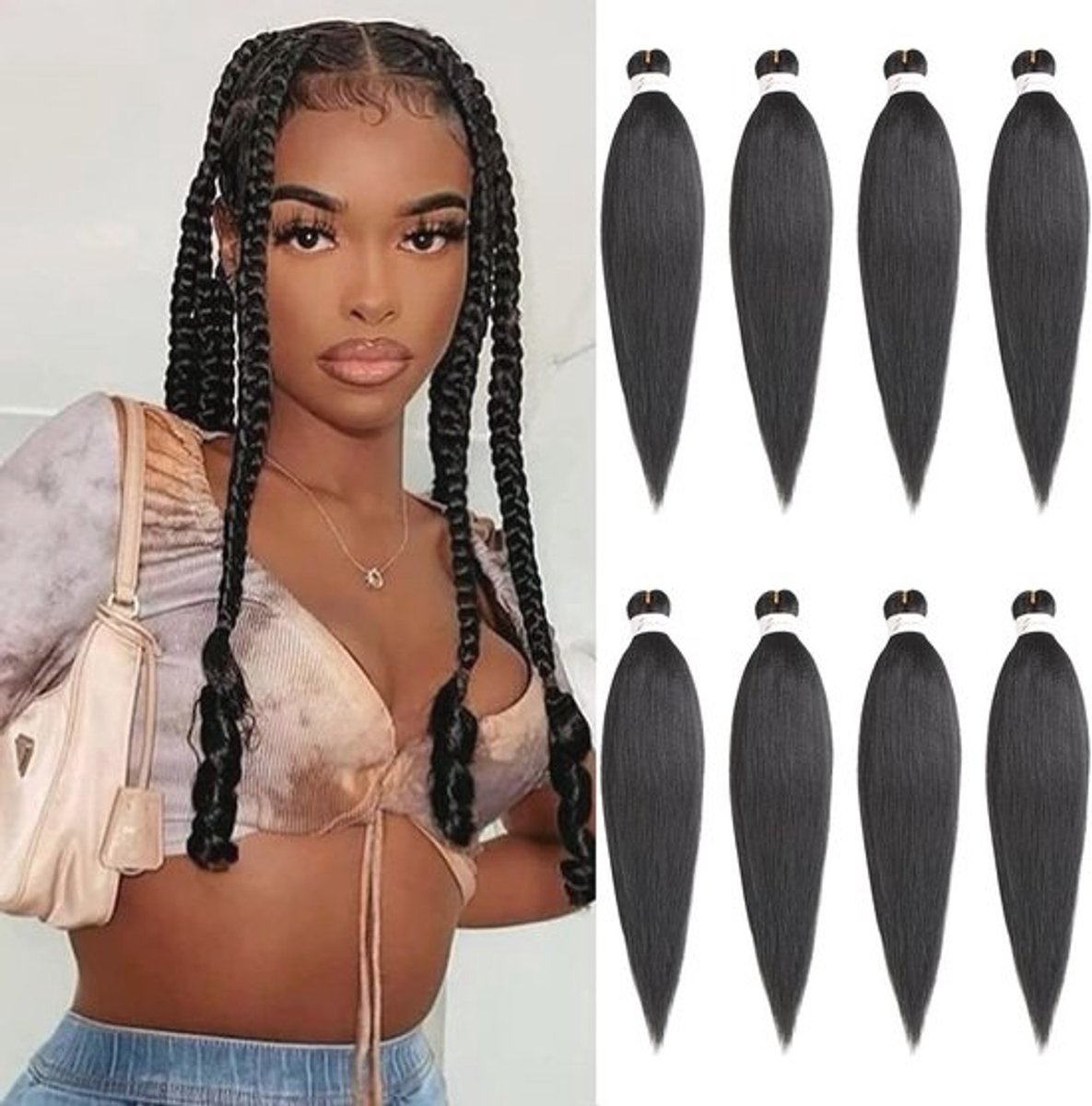 51 cm voorgerekte hairextensions voor vlechten met Yaki-structuur - Professioneel gebruik, Warmwater-insteling, 8 strengen